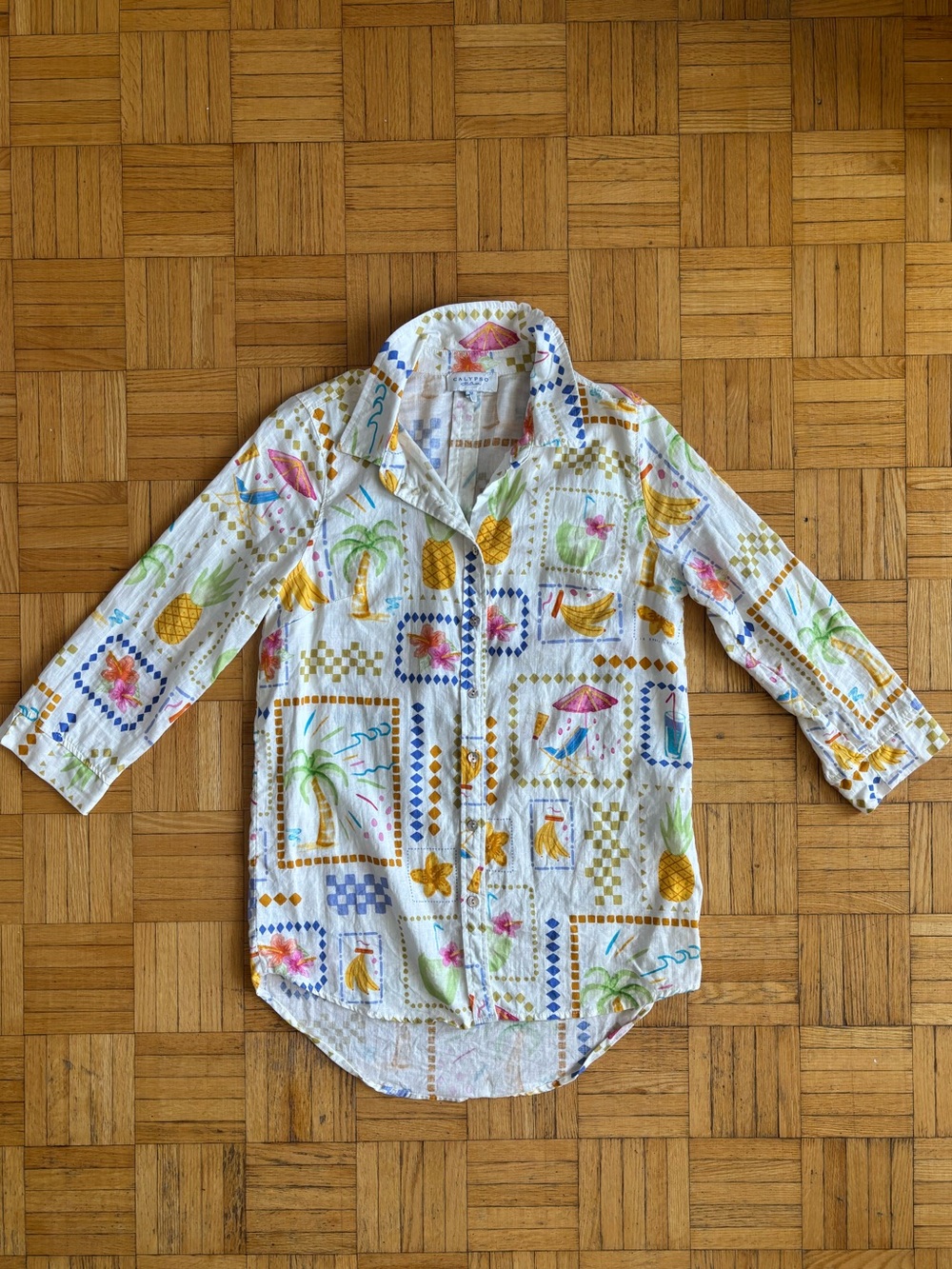 Tropical Print Button-Up Shirt - White with Multicolor Print